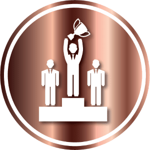 icon of awards ceremony, three persons, tiered podium, no.1 holds a cup, white on metallic rust