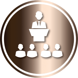 conference press briefing icon podium audience white on metallic brown