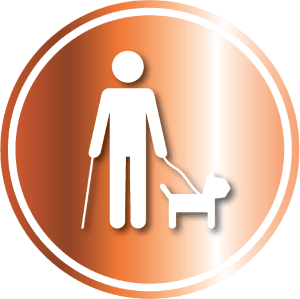 disability icon, blind person with guide dog and cane, white on copper