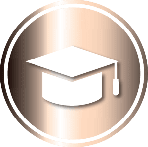 icon of graduation hat, round, white on metallic ivory frost