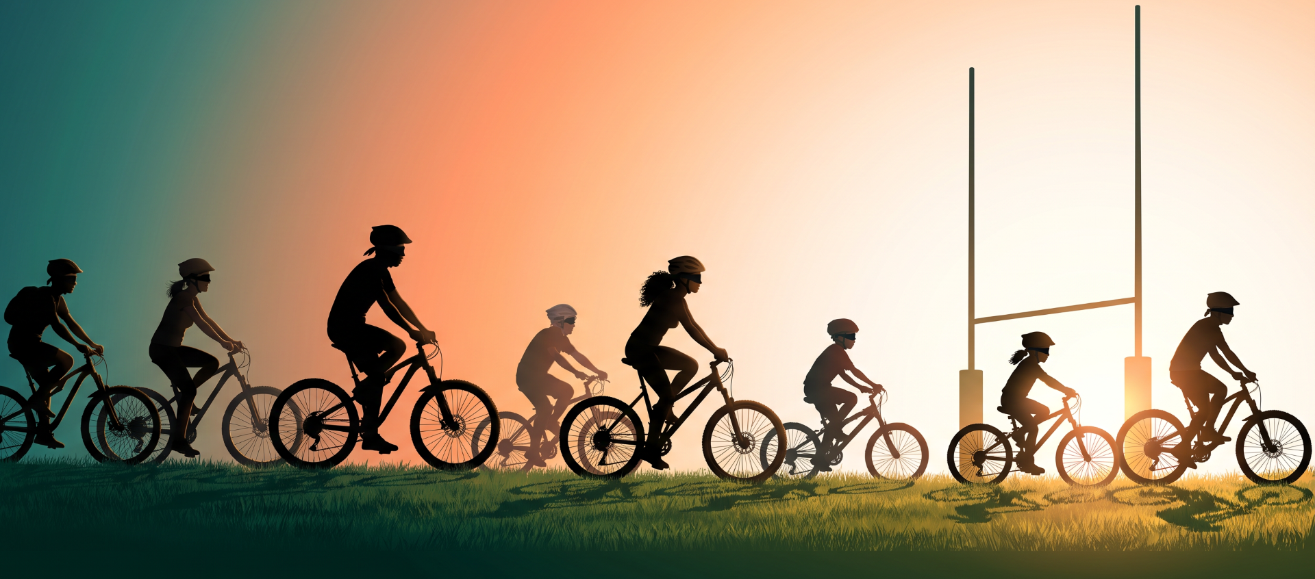hein wagner vision blind mountain bike challenge illustration a3 cyclists, illustration, blindfolded biking, grass, sunset, sunside, rugby field, goal posts, cyclists